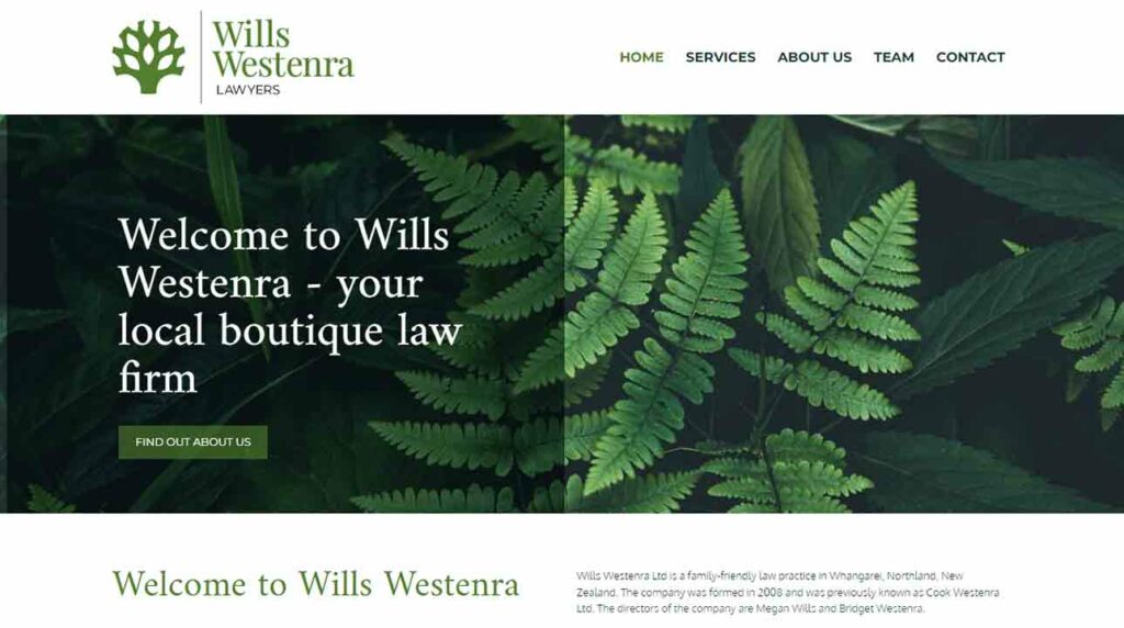 A screenshot of the Wills Westenra family law website.