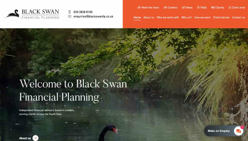 A screenshot of the Black Swan financial advisor website.