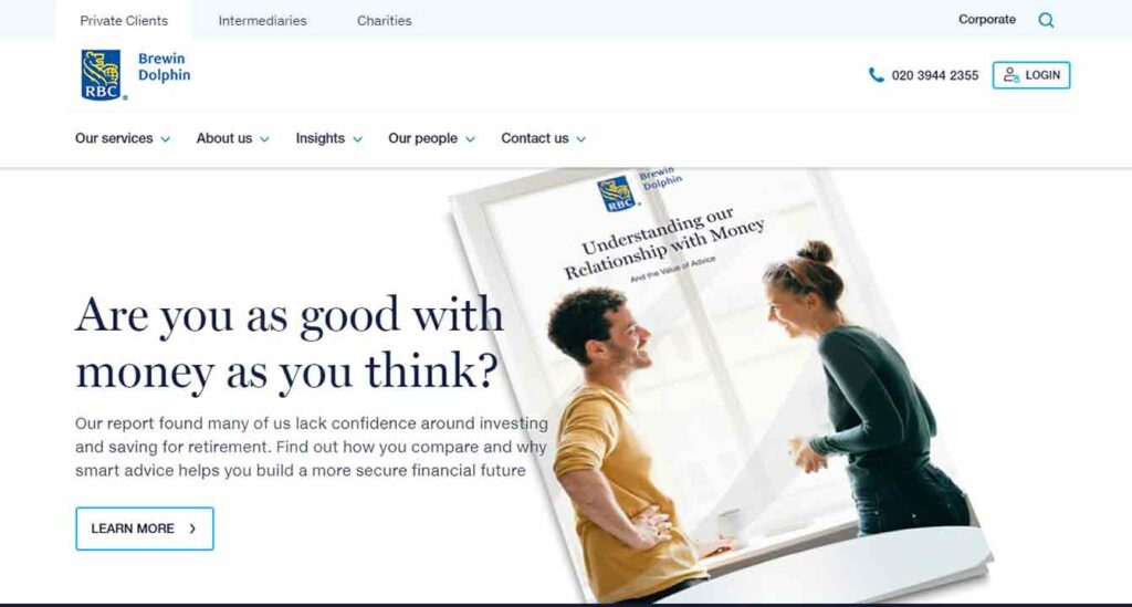 A screenshot of the Brewin Dolphin financial advisor website.