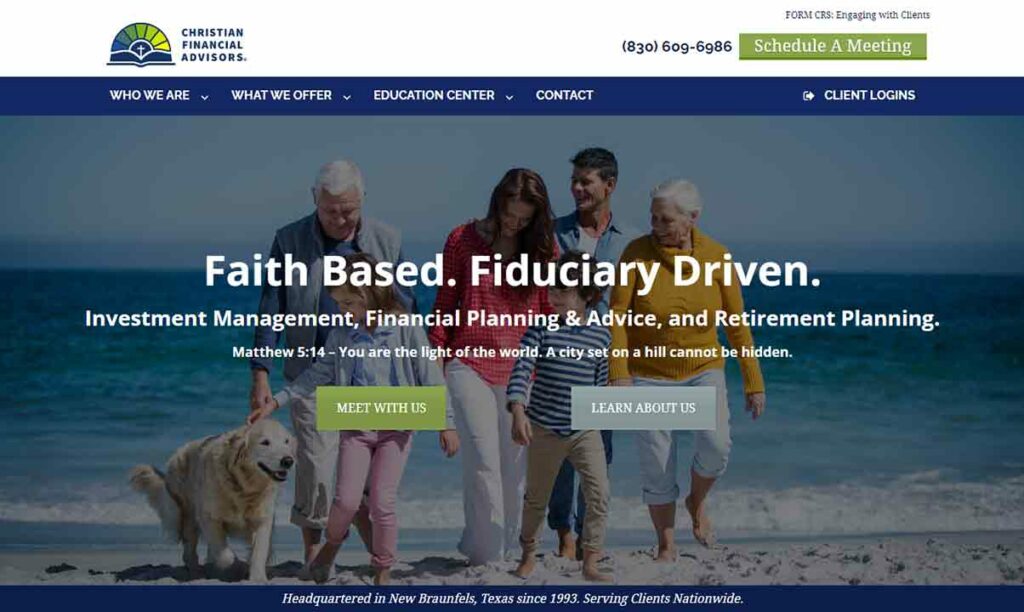 A screenshot of the Christian Financial Advisors financial advisor website.