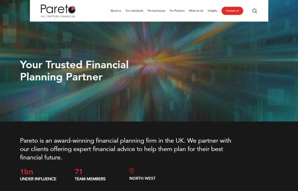 A screenshot of the Pareto financial advisor website.