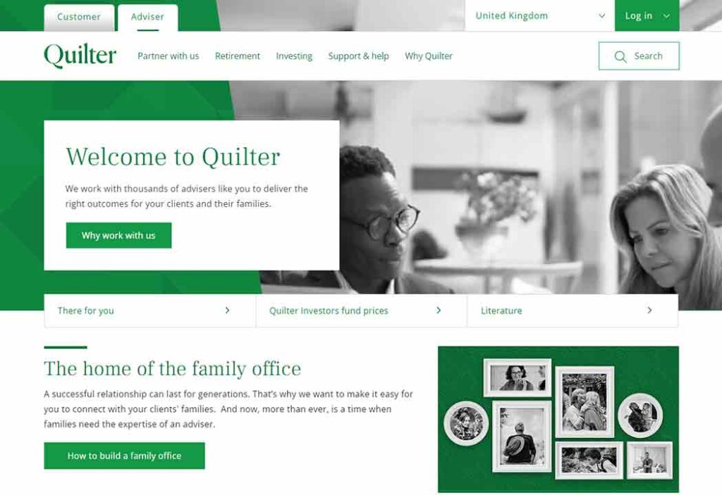 A screenshot of the Quilter financial advisor website.