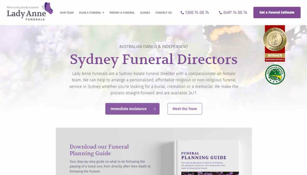 A screenshot of the Lady Anne Funeral Home website.