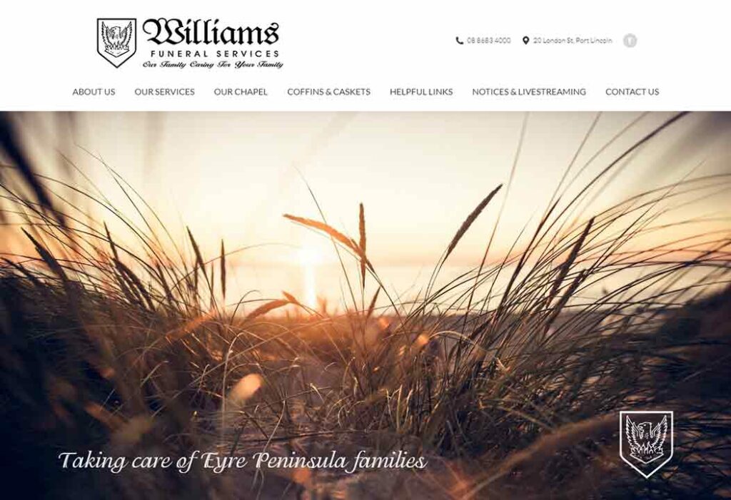 A screenshot of the Williams Funeral Home website.