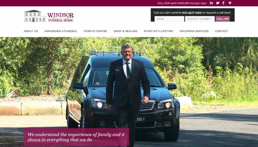 A screenshot of the Windsor Funeral Home website.