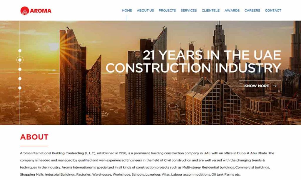 A screenshot of the Aroma general contractor website.