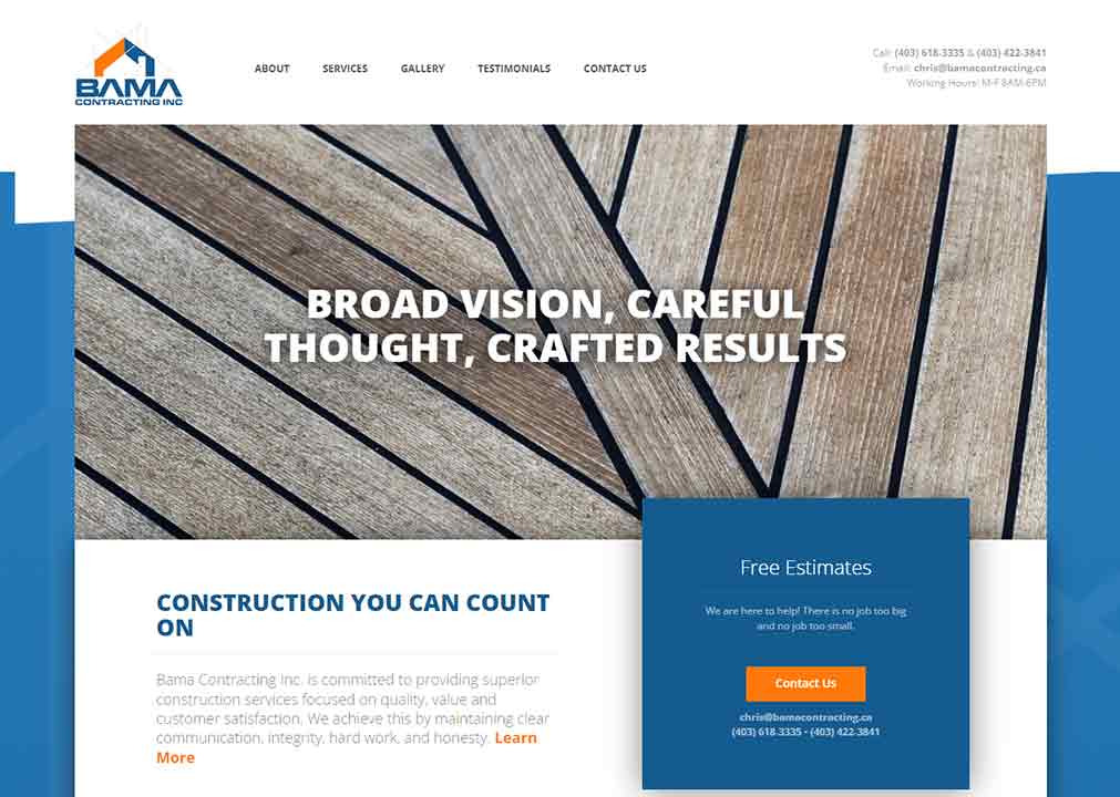 A screenshot of the BAMA general contractor website.