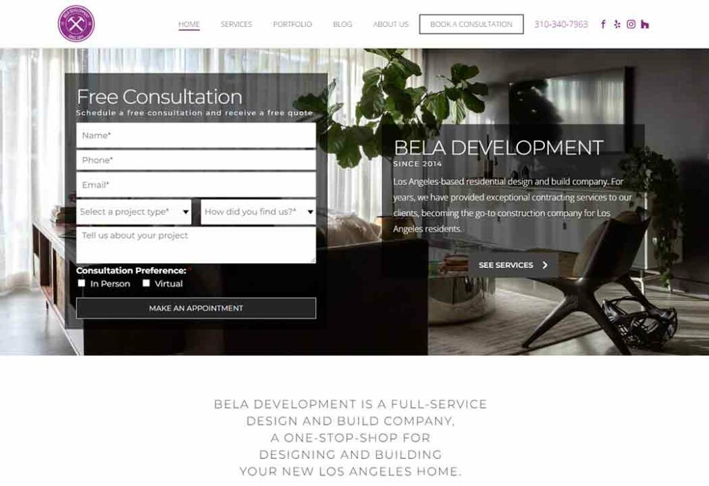 A screenshot of the Bela Development general contractor website.