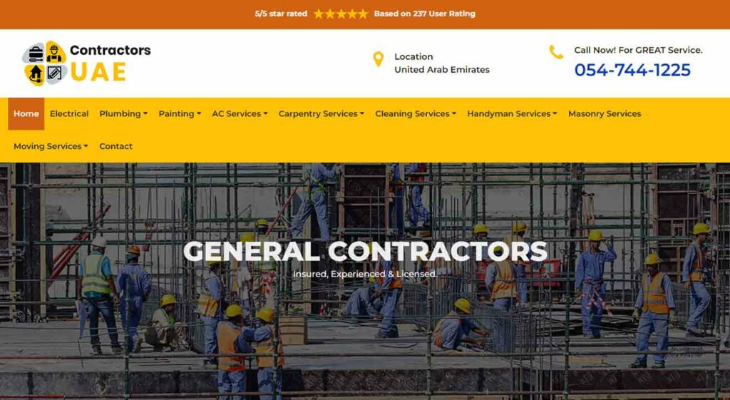 A screenshot of the Contractors UAE general contractor website.