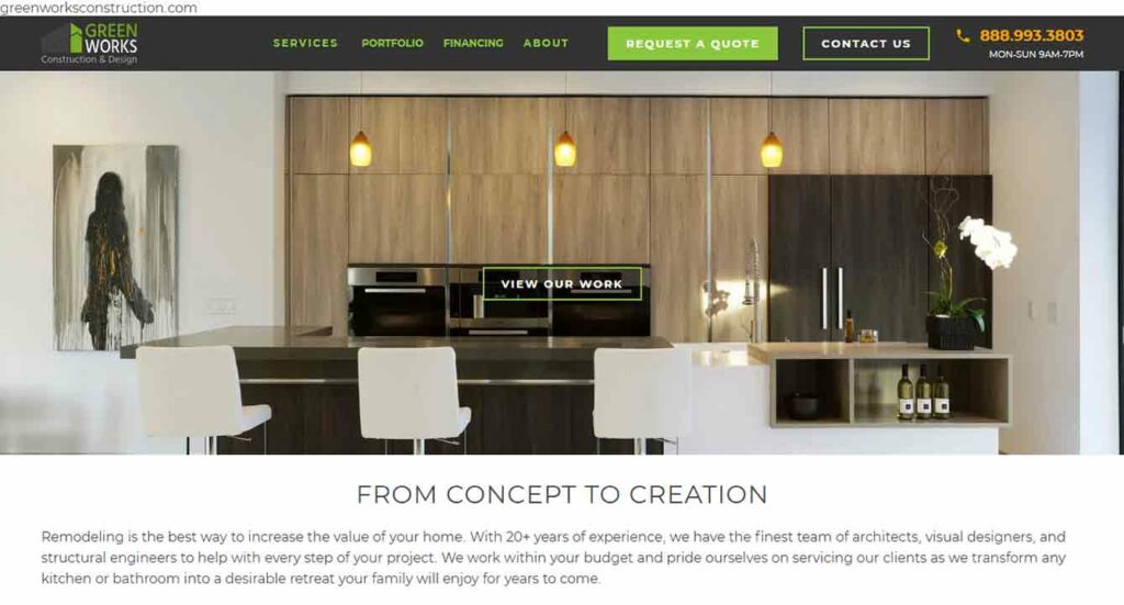 A screenshot of the Green Works general contractor website.
