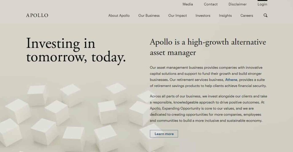A screenshot of the Apollo hedge fund website.