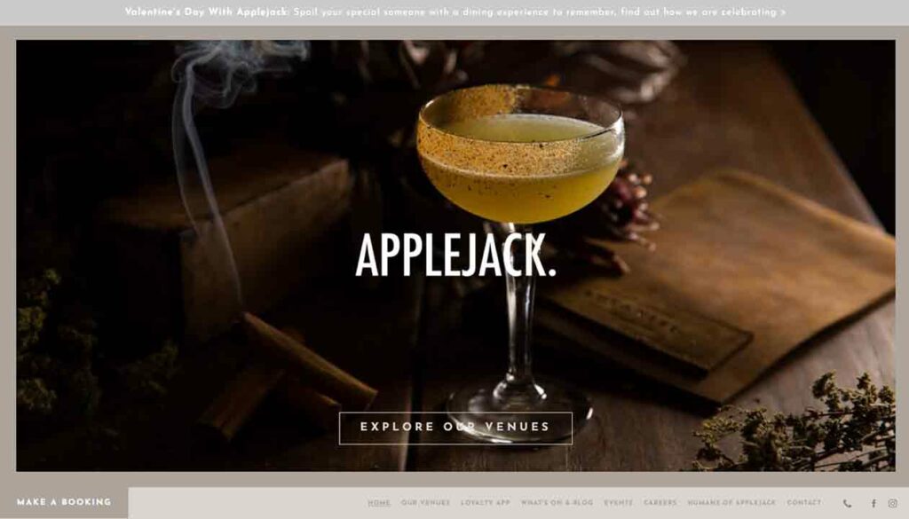 A screenshot of the Applejack hospitality website.