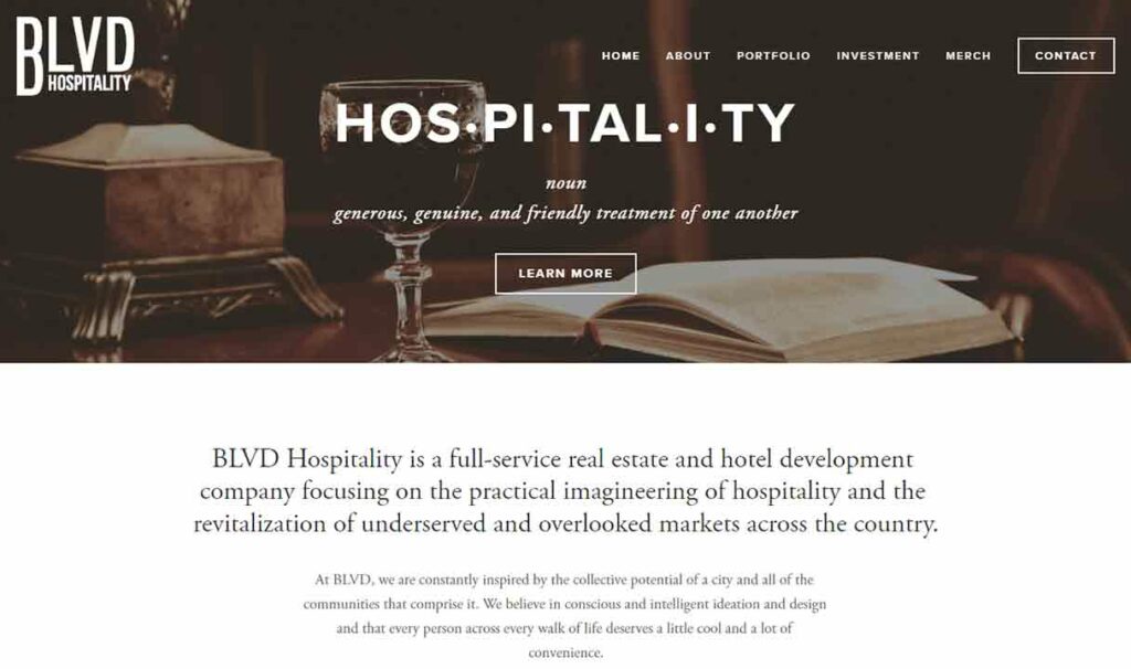 A screenshot of the BLVD hospitality website.