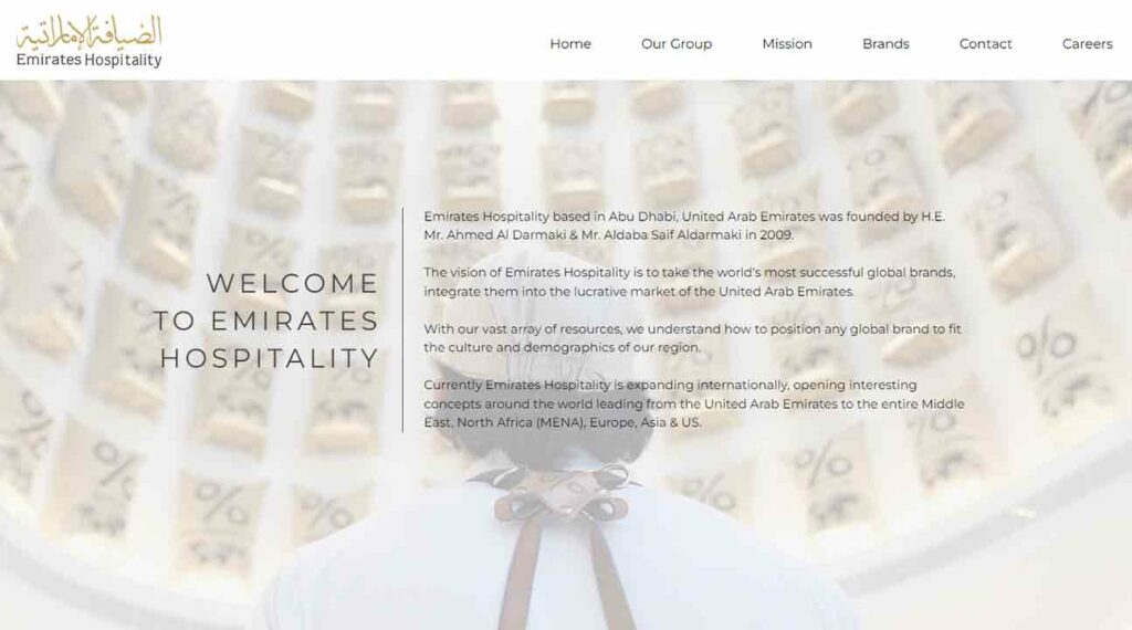 A screenshot of the Emirates hospitality website.