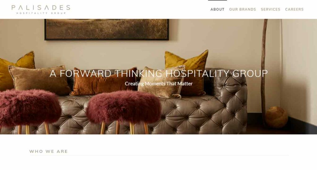 A screenshot of the Palisades hospitality website.