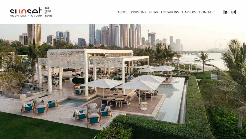 A screenshot of the Sunset Group hospitality website.