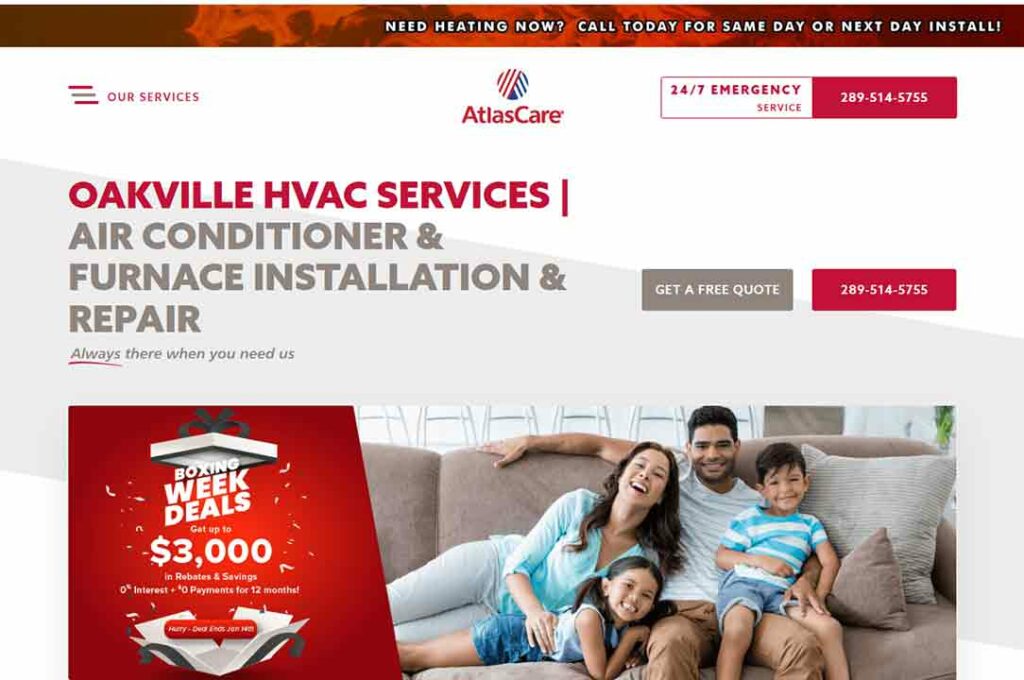 A screenshot of Atlas Care HVAC website.