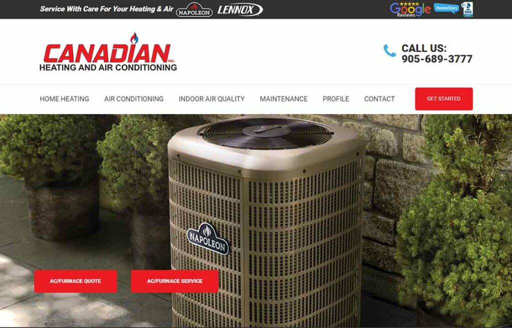 A screenshot of Canadian Heating and Air HVAC website.