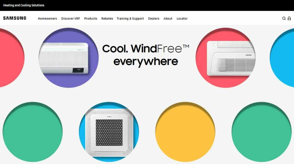 A screenshot of Samsung HVAC website.