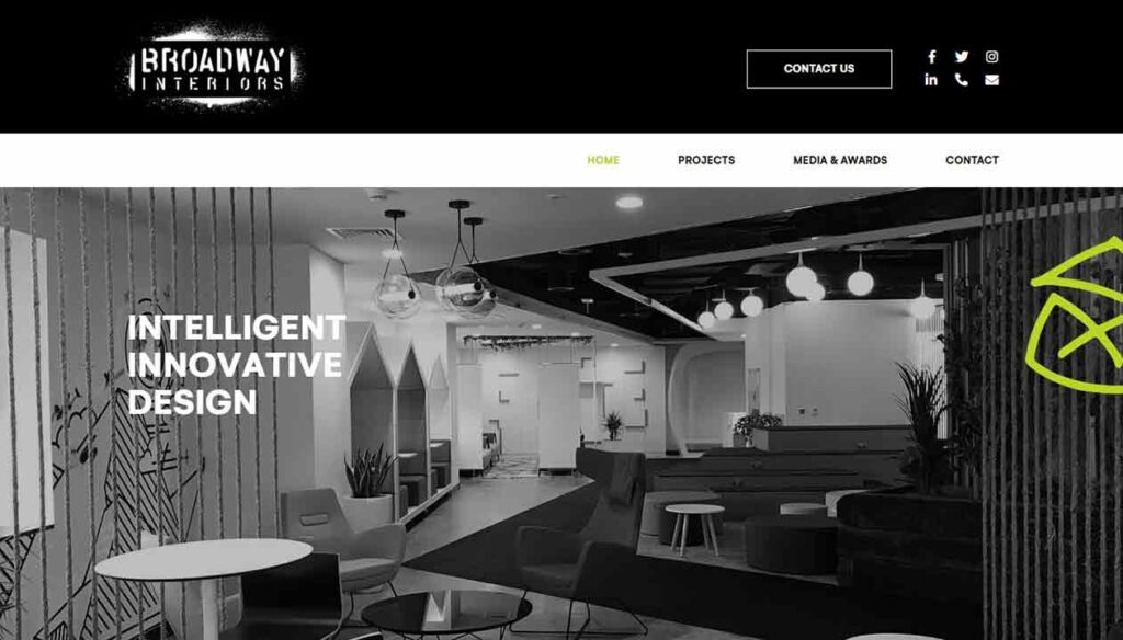 A screenshot of the Broadway Interiors interior design website.