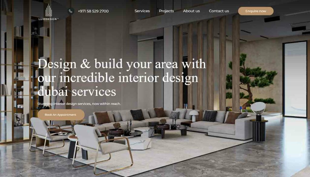 A screenshot of the Luxe Design interior design website.