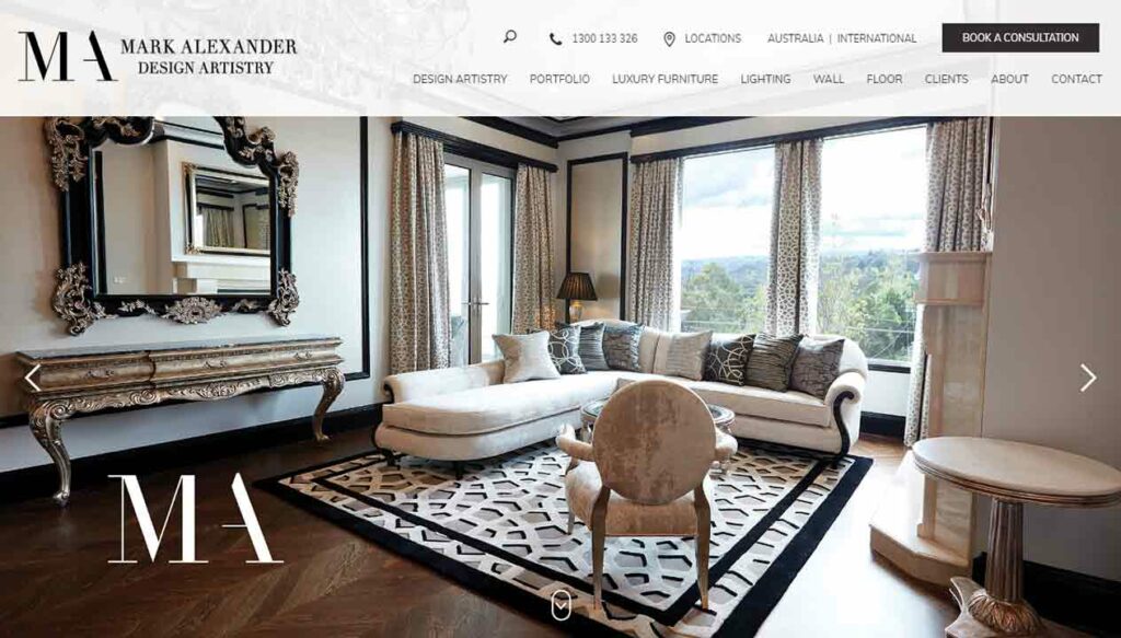 A screenshot of the Mark Alexander interior design website.