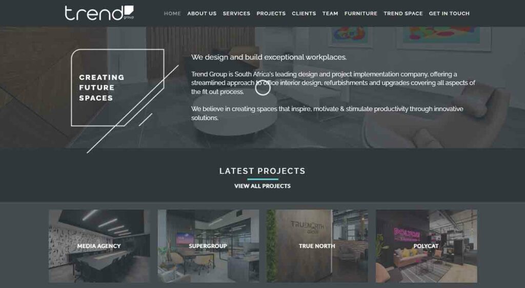 A screenshot of the Trend Group interior design website.