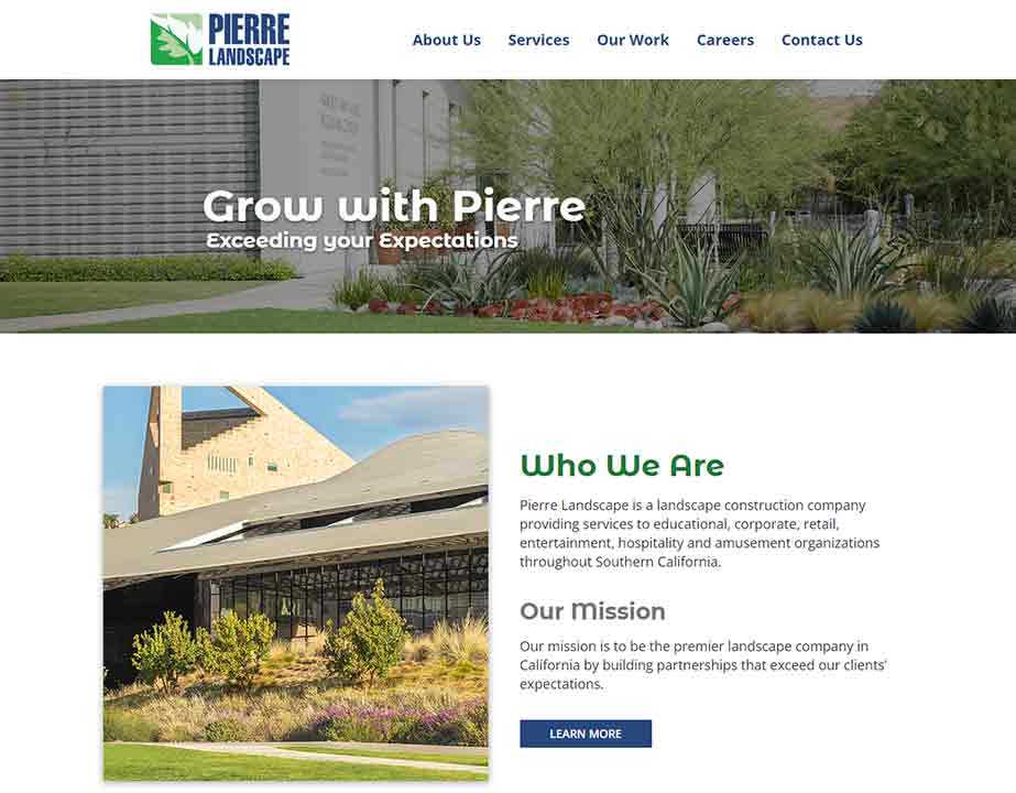 A screenshot of the Pierre Landscape landscaping website.
