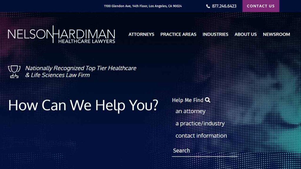 A screenshot of the Nelson Hardiman law firm website.