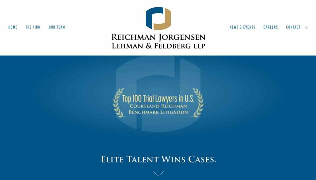 A screenshot of the Reichman, Jorgensen, Lehman & Feldberg law firm website.
