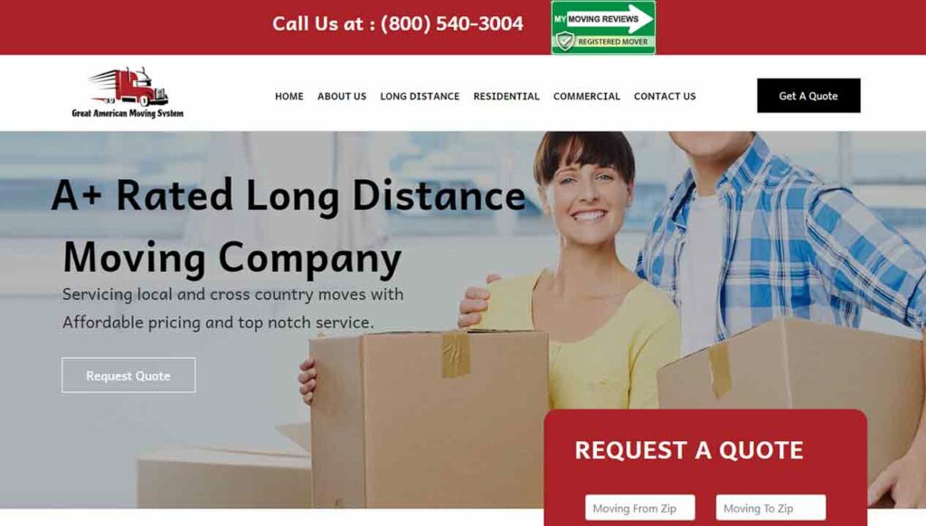 A screenshot of the Great American Moving System moving company website.