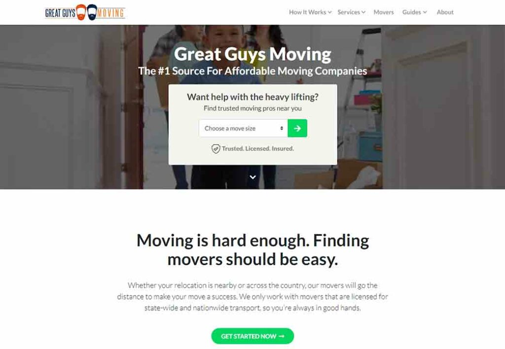 A screenshot of the Great Guys Moving moving company website.