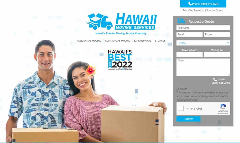 A screenshot of the Hawaii Moving Services moving company website.