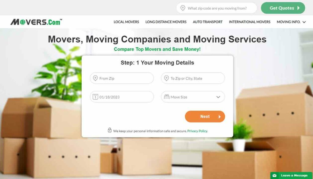 A screenshot of the Movers.com moving company website.