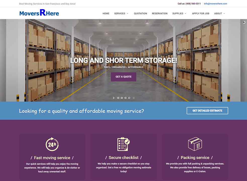 A screenshot of the Movers R Here moving company website.