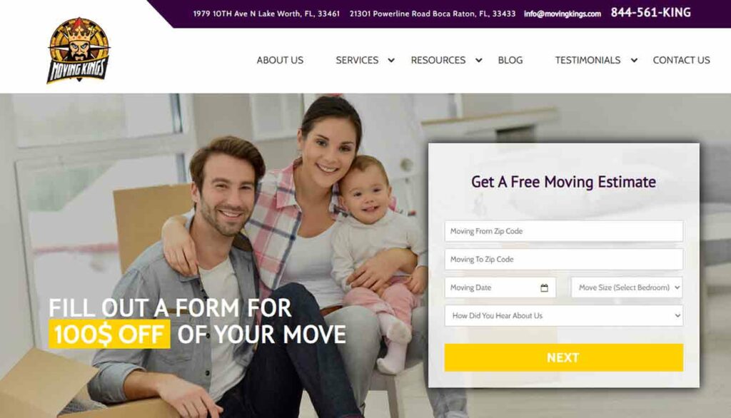 A screenshot of the Moving Kings moving company website.