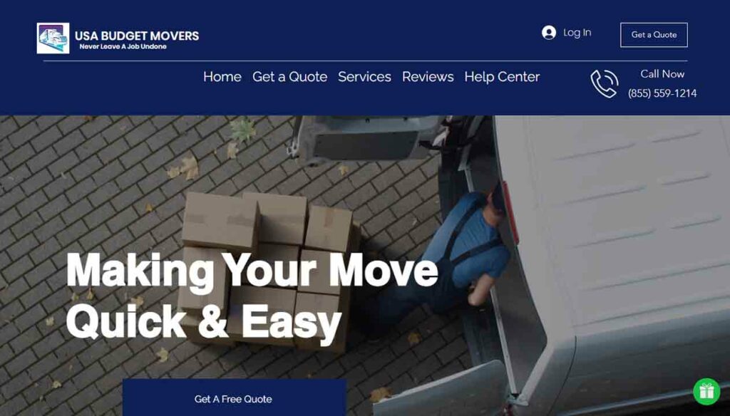 A screenshot of the USA Budget Movers moving company website.