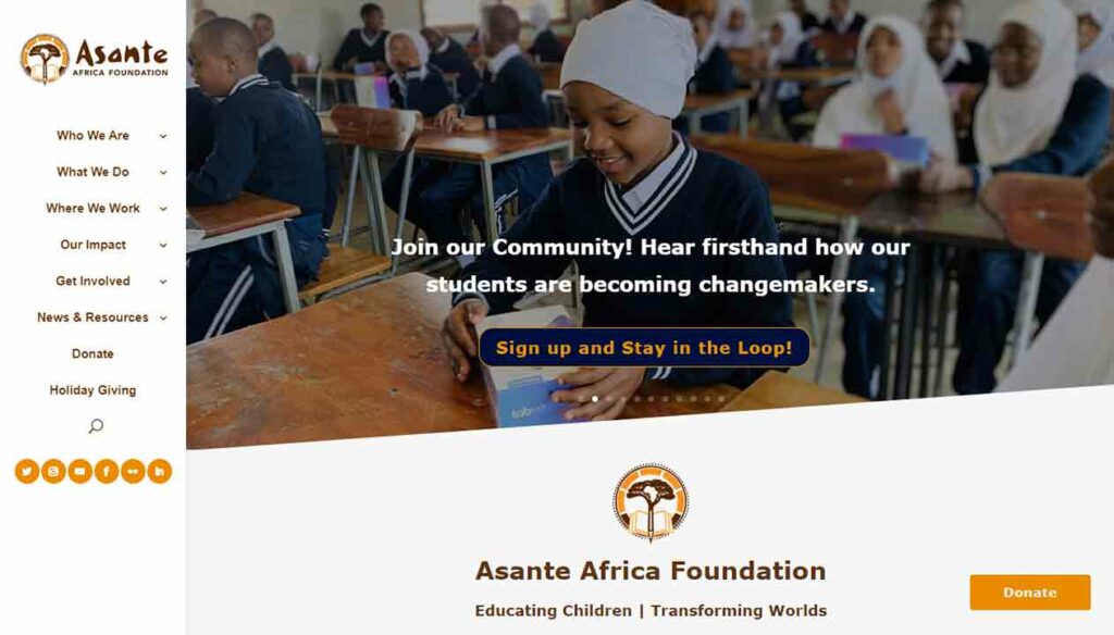 A screenshot of the Asante Africa nonprofit website.