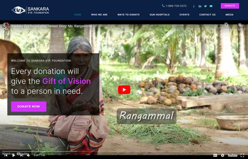 A screenshot of the Sankara Eye Foundation nonprofit website.