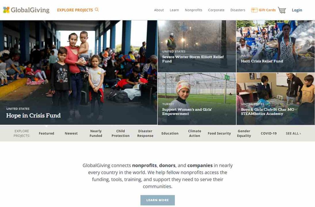 A screenshot of the Global Giving nonprofit website.