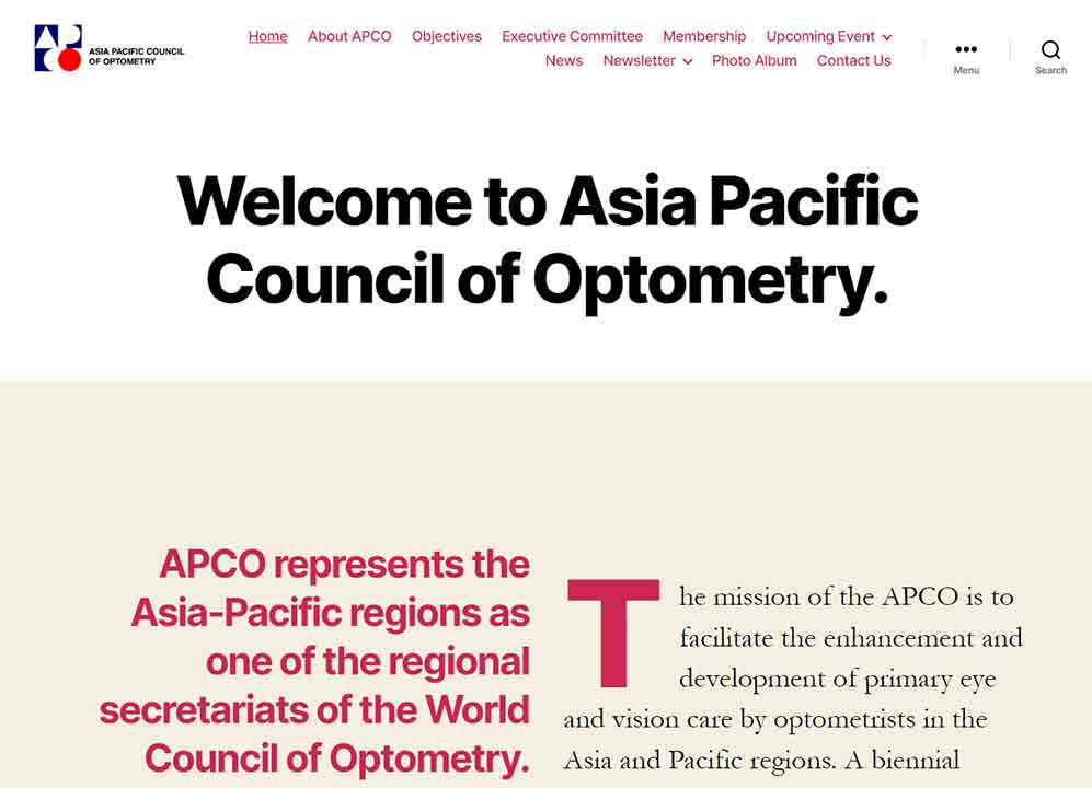 A screenshot of the Asia Pacific Council optometrist website.