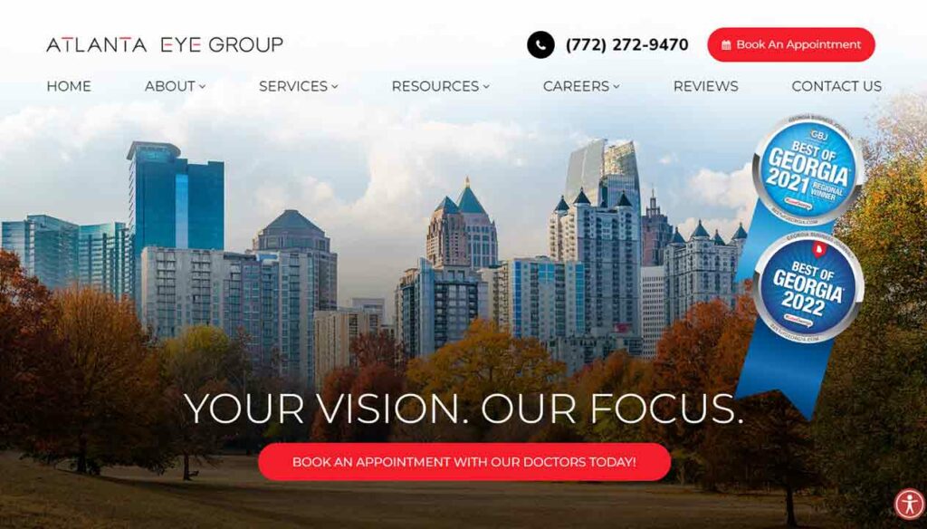 A screenshot of the Atlanta Eye Group optometrist website.