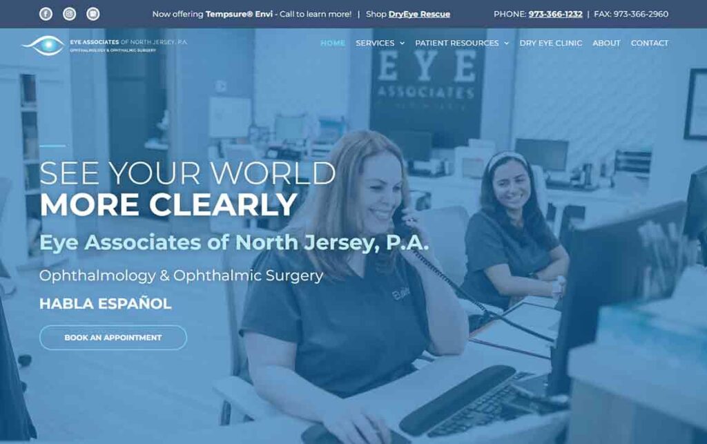 A screenshot of the Eye Associates of New Jersey optometrist website.