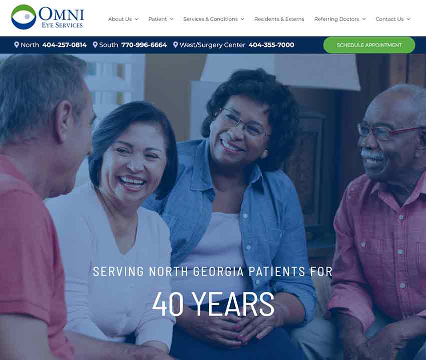 A screenshot of the Omni Eye Services optometrist website.
