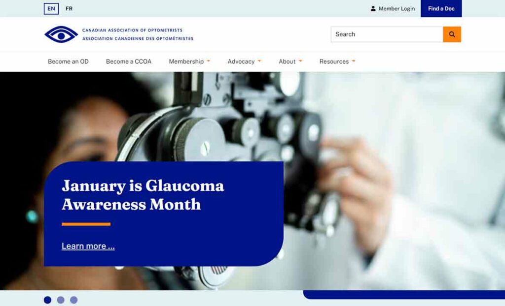 A screenshot of the Canadian Association of Optometrists optometrist website.
