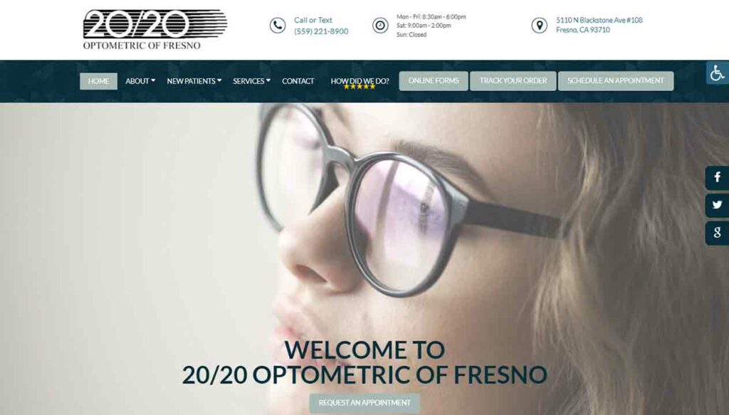 A screenshot of the 20/20 Fresno optometrist website.