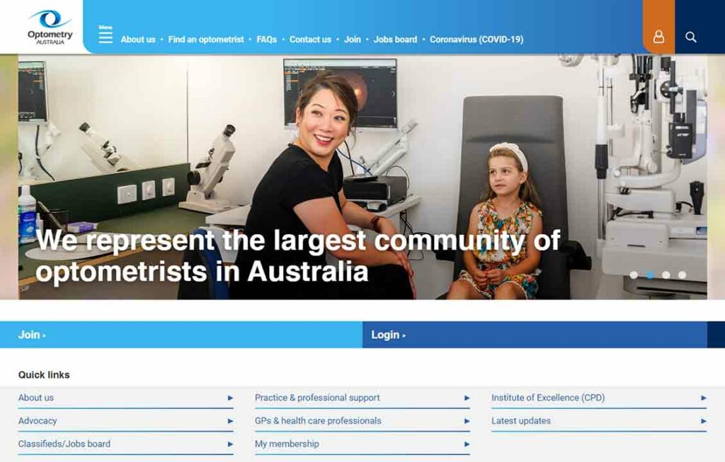 A screenshot of the Optometry Australia optometrist website.