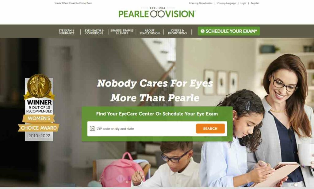 A screenshot of the Pearle Vision optometrist website.