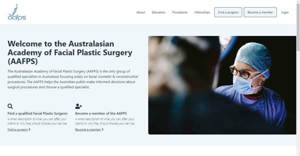 A screenshot of the AAFPS plastic surgeon website.