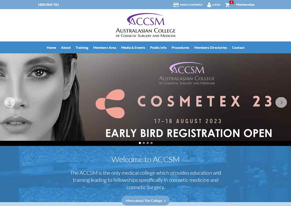 A screenshot of the ACCSM plastic surgeon website.